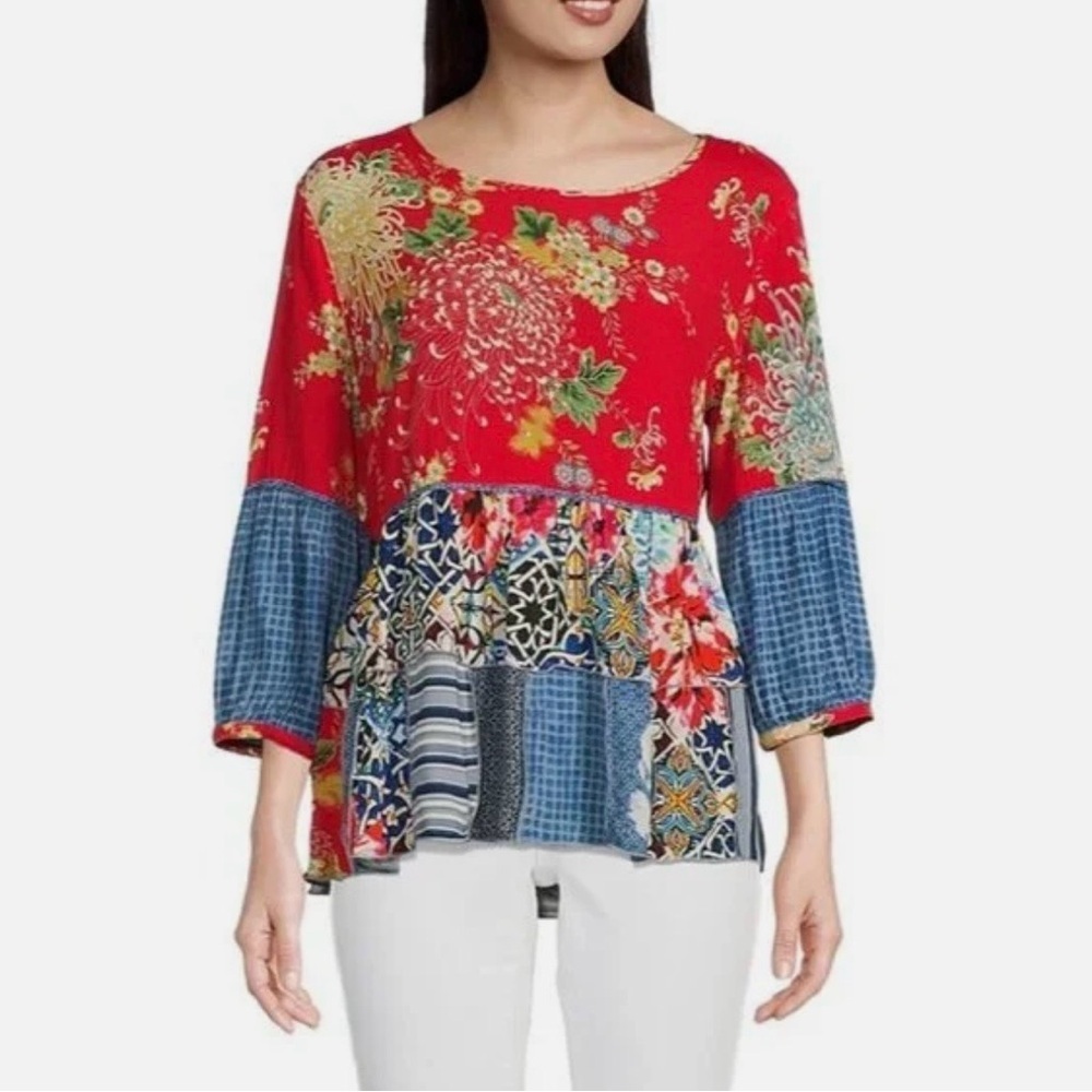 John Mark Japanese Floral Mixed Print 3/4 Bubble Cuffed Sleeve Tunic Sz S NWT